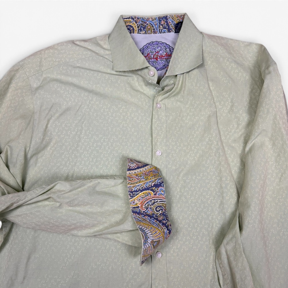 Robert Graham Mens XL Green Jacquard Floral Paisley Silk Trim Button Shirt